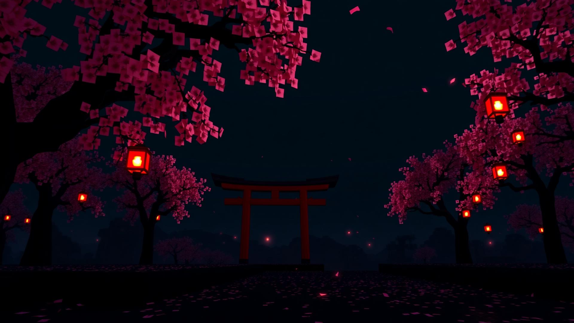 Cherry blossom forest with a red torii gate and glowing lanterns at night